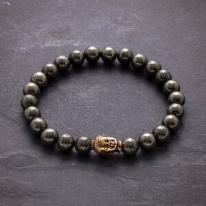Stainless Steel Antiqued Yellow IP-plated Buddha 6mm Pyrite Stretch Bracelet
